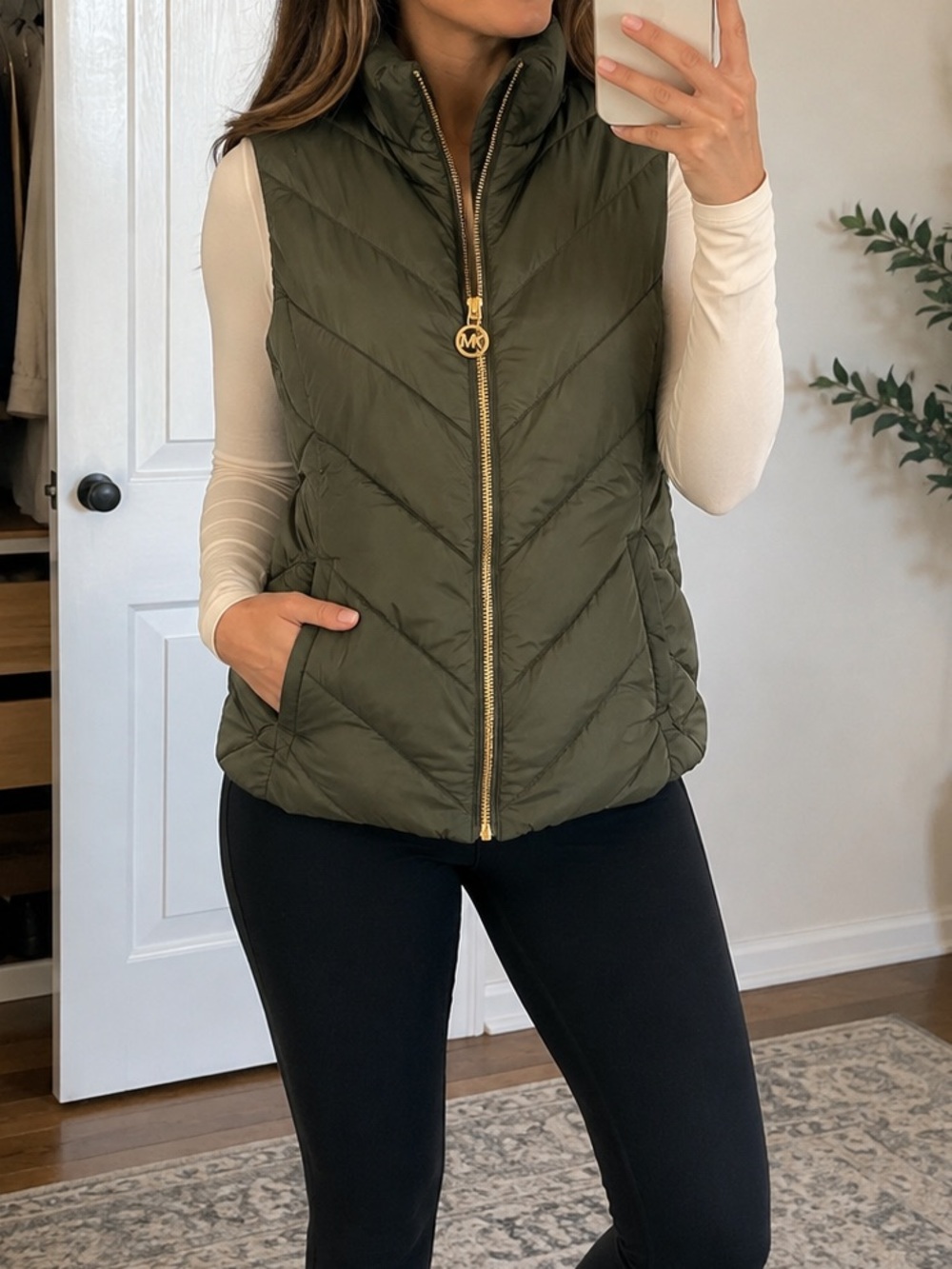 Michael Kors Olive Quilted High-Collar Puffer Vest with Gold Zip